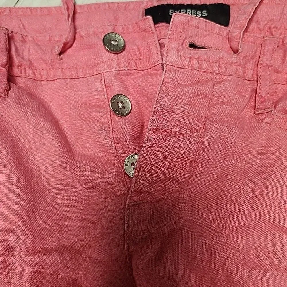 Express Women's Coral Pink 100% Linen Cargo Pants - Size 1/2 - Picture 11 of 11